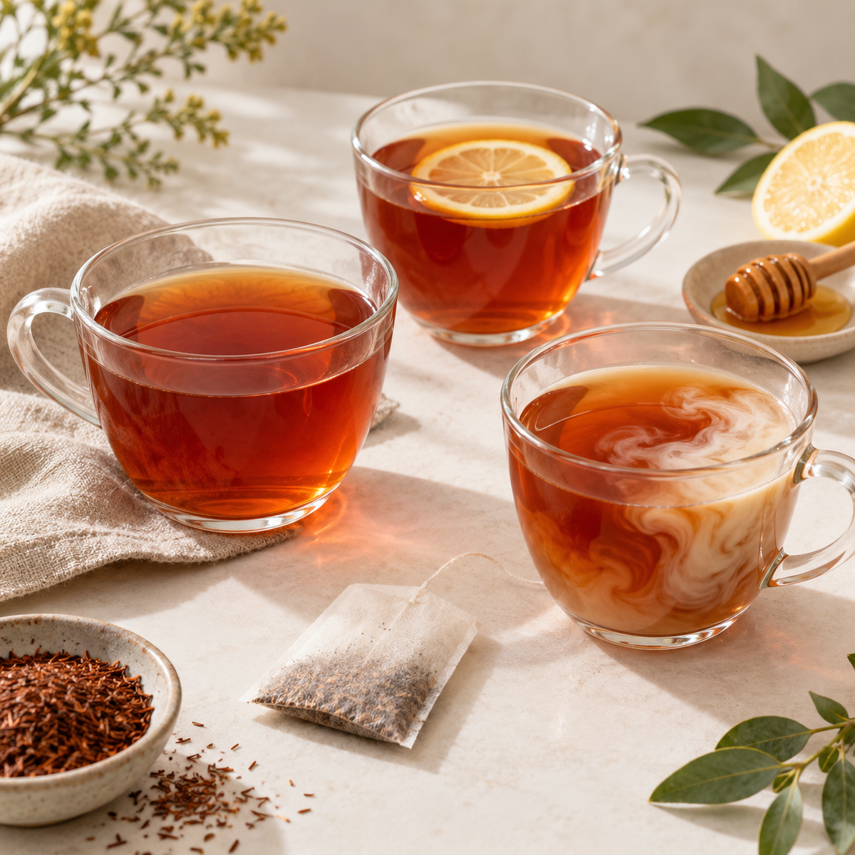 Rooibos tea serving suggestions with lemon honey and plant milk