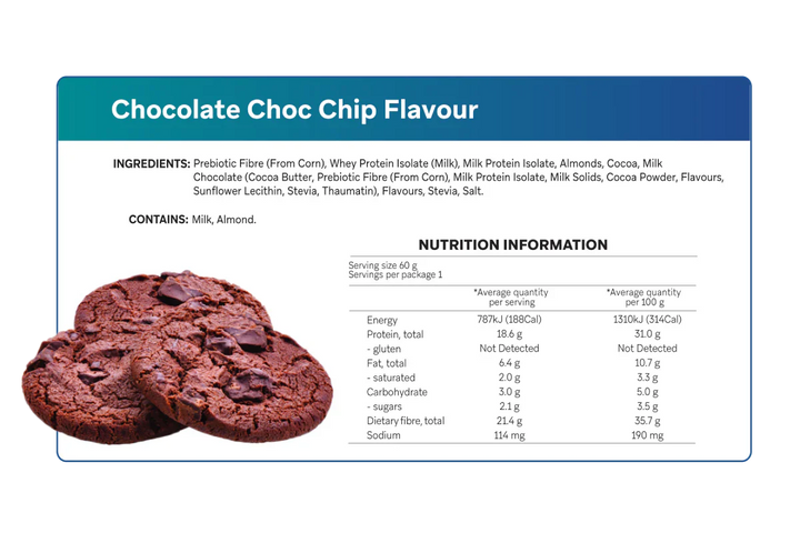 Smart Protein Bar Chocolate Choc Chip flavor with nutrition information and ingredients listed.