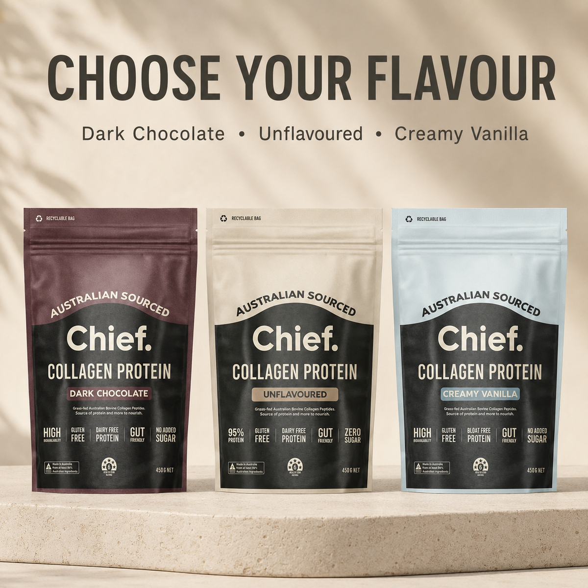 Chief Collagen Protein Powder flavours: Dark Chocolate, Unflavoured and Creamy Vanilla