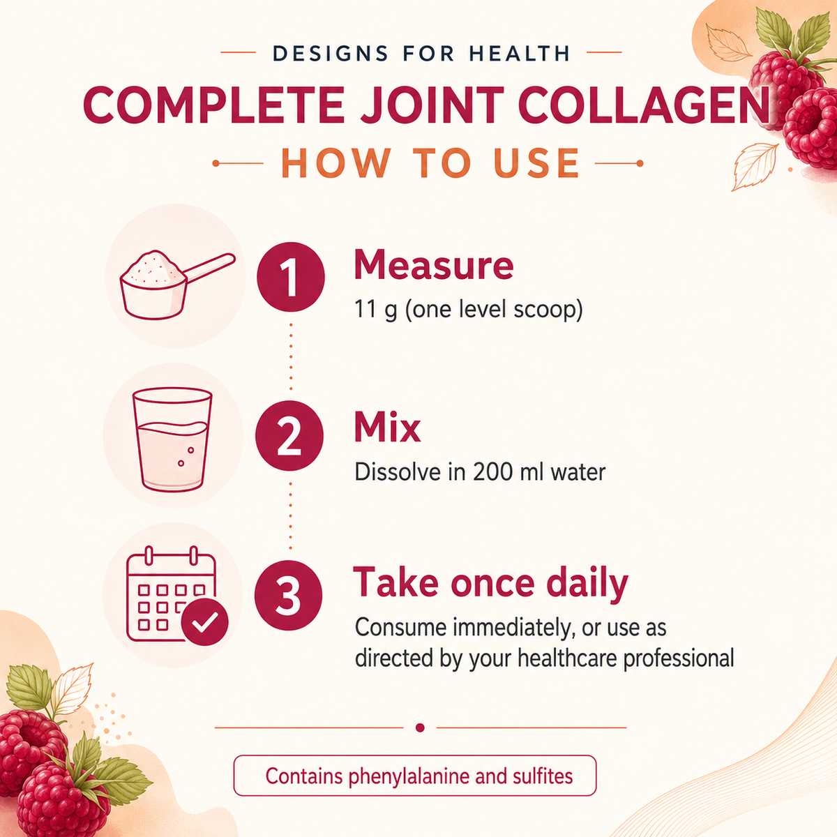 Complete Joint Collagen directions showing 11g scoop mixed with 200ml water