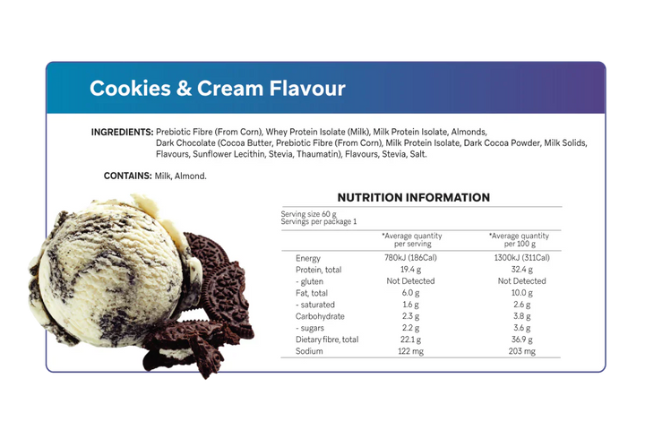 Cookies & Cream Smart Protein Bar nutrition label with ingredients and nutritional information displayed.