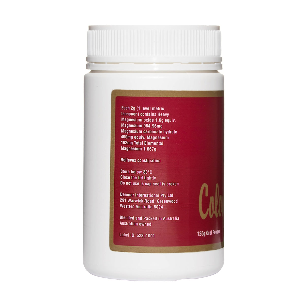 Denmar International Colon Cleanse 125g back label with ingredients and directions