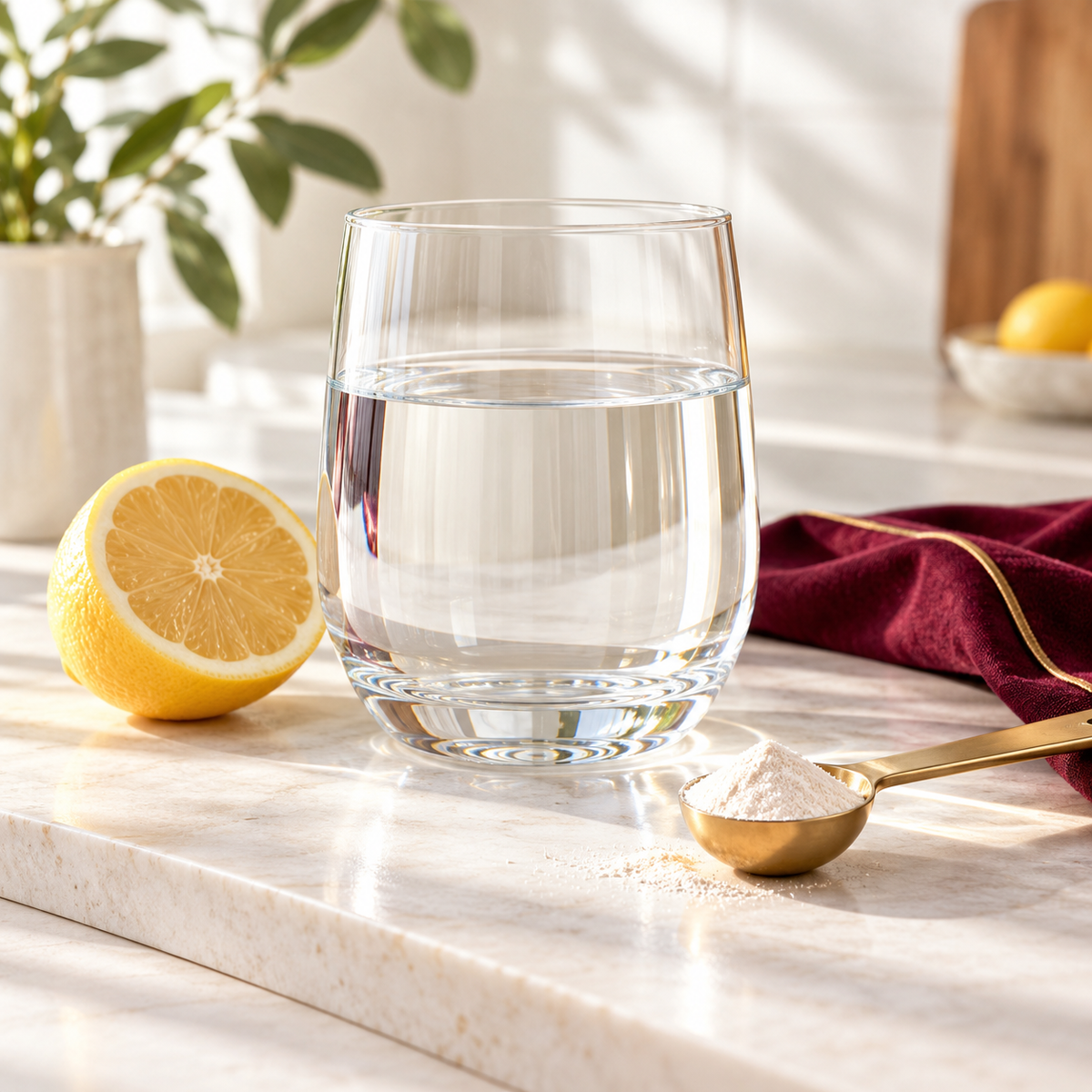 Glass of water with lemon and a metric spoon of mineral powder