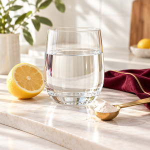 Glass of water with lemon and a metric spoon of mineral powder
