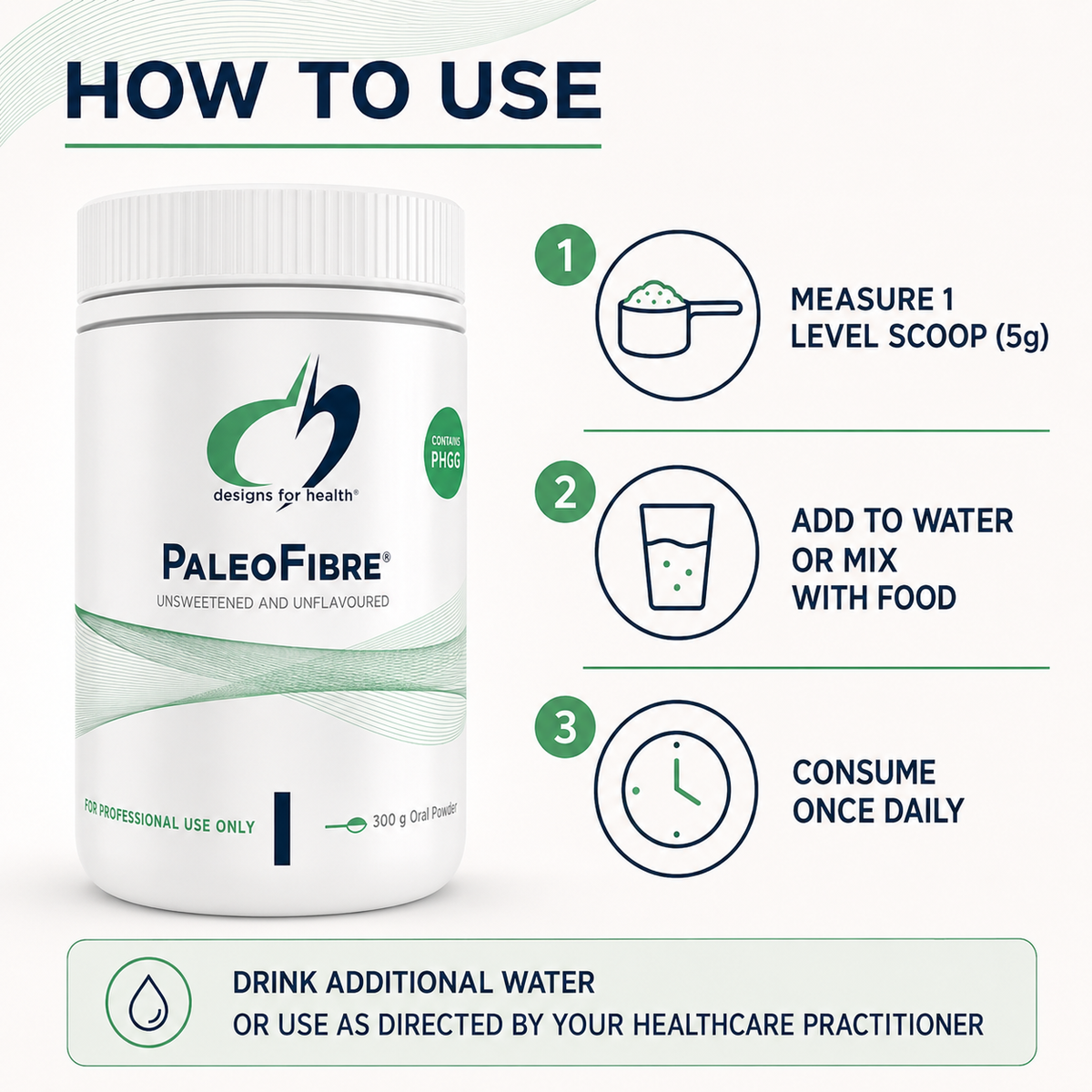 PaleoFibre directions: mix one level 5g scoop with water or food once daily