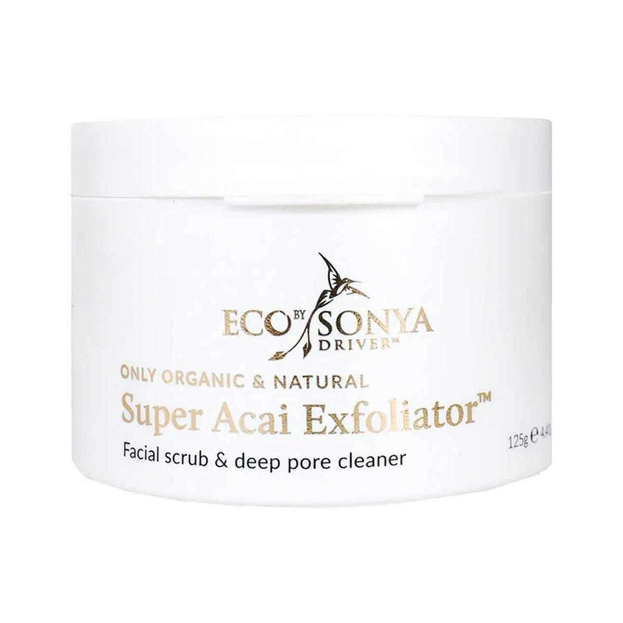 Organic Super Acai Exfoliator by Eco Sonya, 125g facial scrub, antioxidant-rich exfoliation and hydration for all skin types.