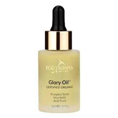 Organic Glory Oil by Eco Sonya in a 30ml bottle with dropper, certified organic, formulated with Inca Inchi, Acai, and Pumpkin Seed oils for skin nourishment and hydration.