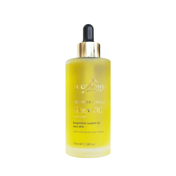 Organic Glory Oil by Eco Sonya in 100ml bottle with dropper; certified organic beauty treatment for hydration and skin repair.