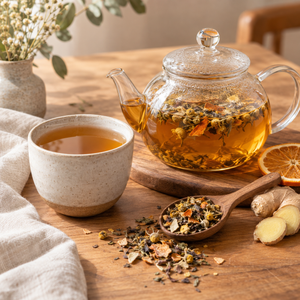 Loose-leaf herbal tea brewed in a glass teapot with ginger and orange