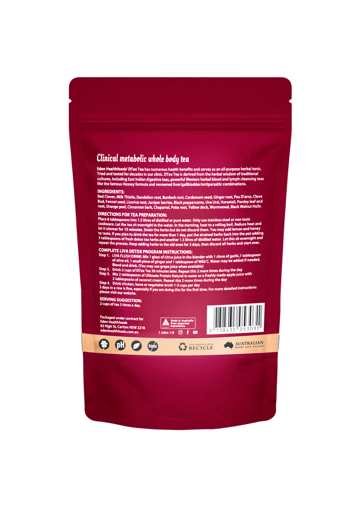 Eden Healthfoods DTox Tea 85g back label with ingredients and directions