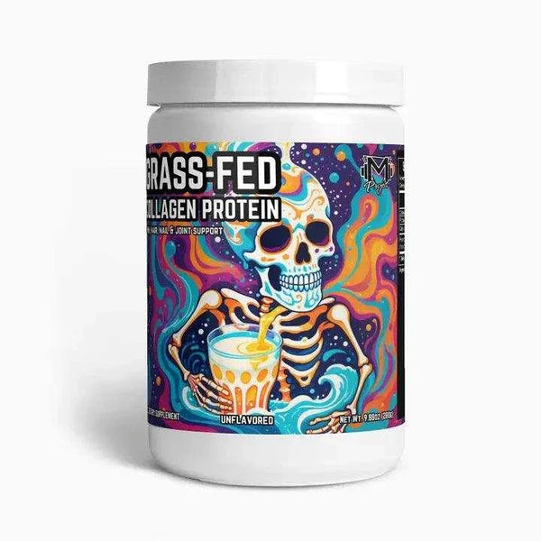 Grass Fed Collagen Protein by Project M Supplements, essential for skin, hair, nails, and joint health, 280g tub with colorful skeleton graphic on label.