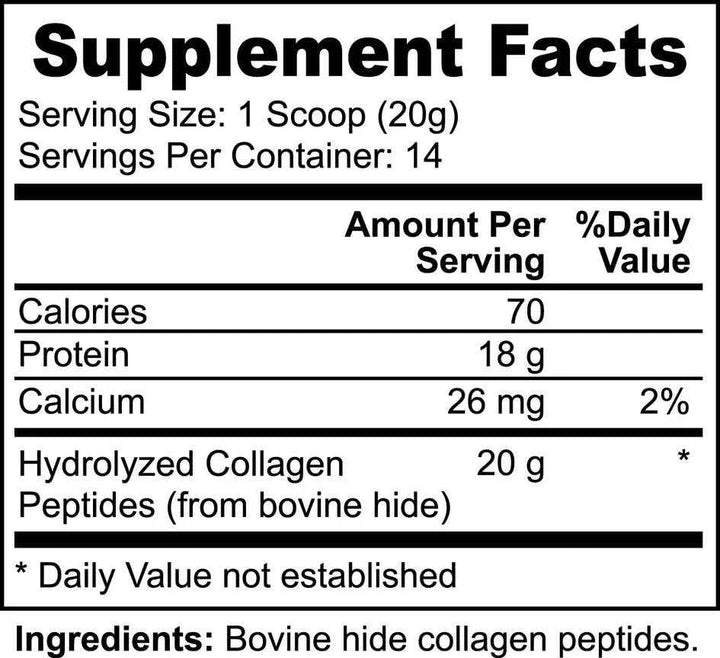 Grass Fed Collagen Protein supplement facts label, highlighting serving size, protein content, and ingredients.