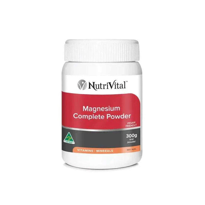 NutriVital Magnesium Complete Powder 300g container with label showing vegan friendly and vitamins minerals.