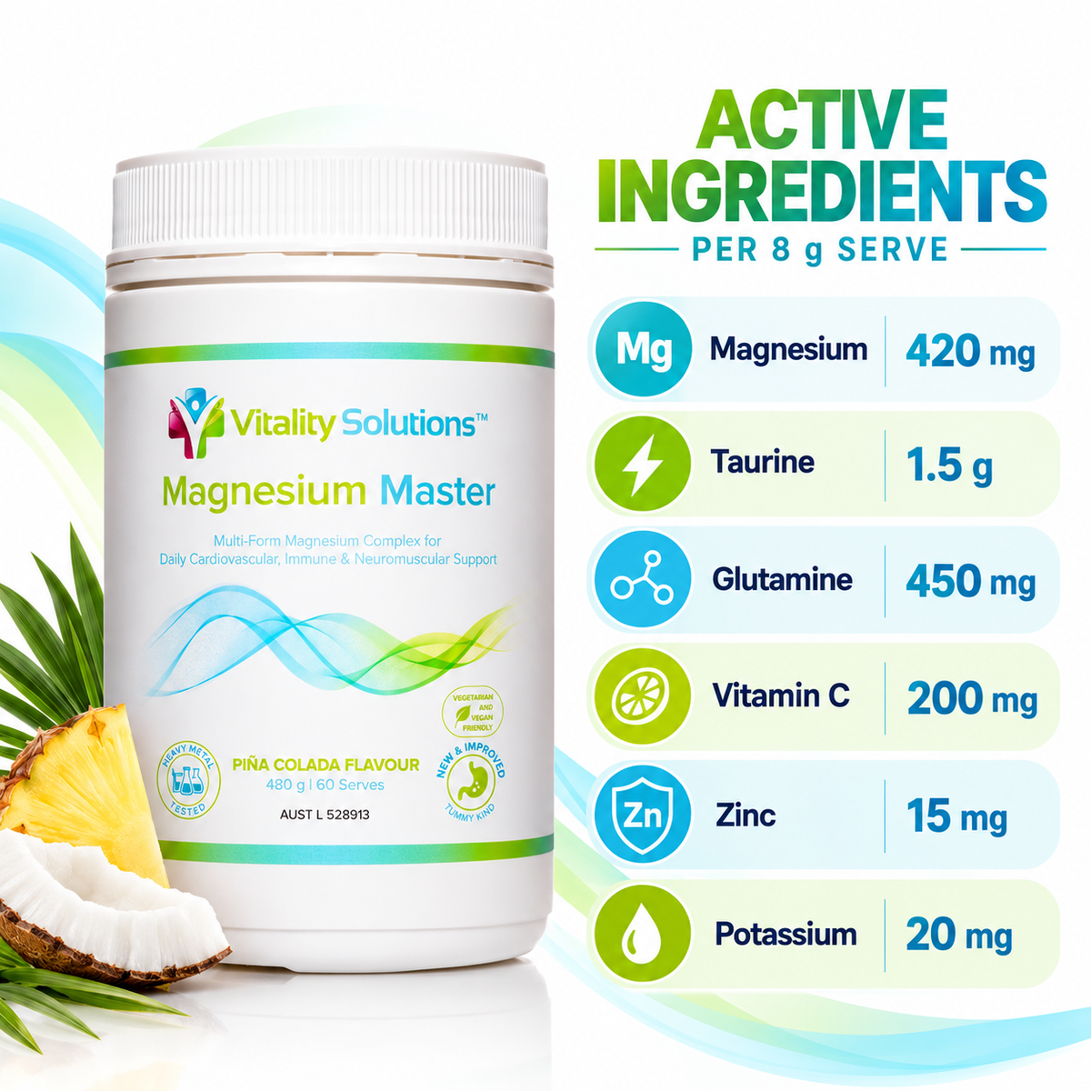 Vitality Solutions Magnesium Master active ingredients per 8g serve