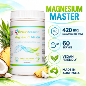 Vitality Solutions Magnesium Master key features including 420mg magnesium and 60 serves