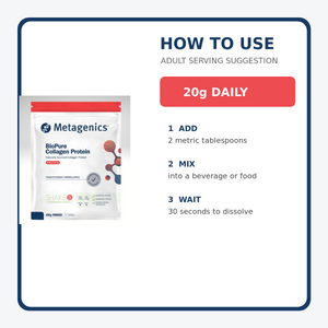 Metagenics BioPure Collagen Protein directions add one 20g serve and allow 30 seconds to dissolve