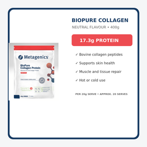 Metagenics BioPure Collagen Protein Neutral 400g key benefits and 17.3g protein per serve