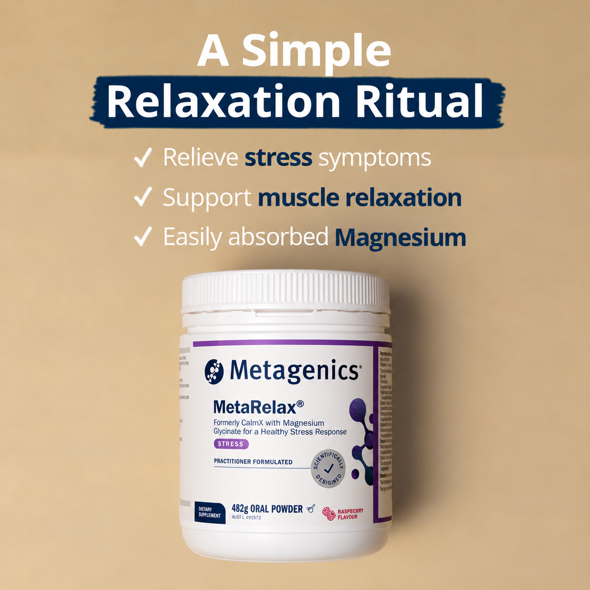 Metagenics MetaRelax Raspberry 482g relaxation support features