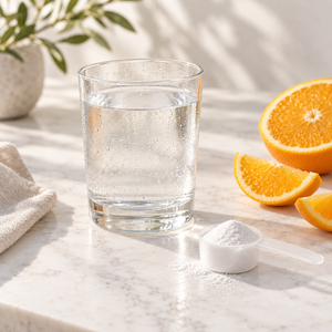 Glass of water with electrolyte powder and fresh orange
