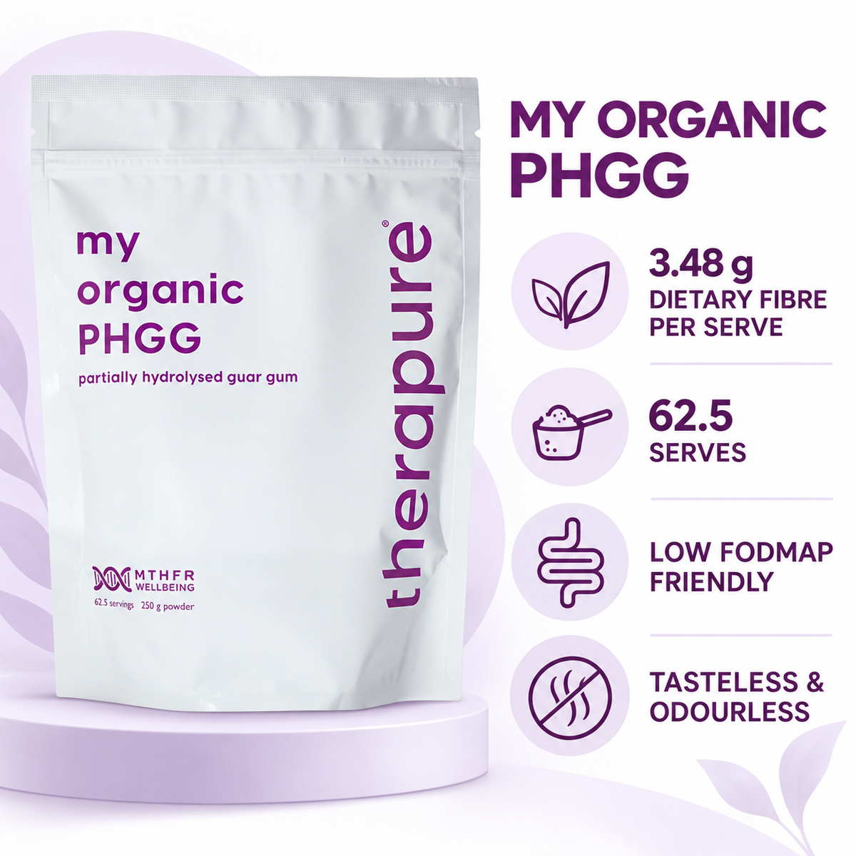 MTHFR Support My Organic PHGG 250g key features and dietary fibre per serve