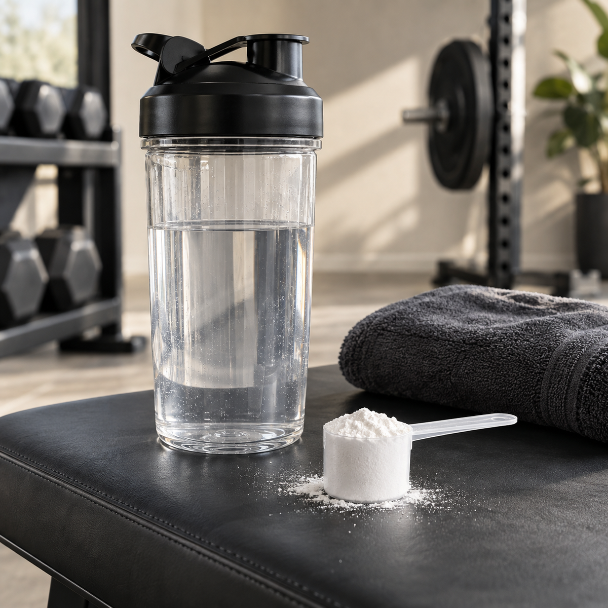Creatine monohydrate scoop with water shaker in a gym setting