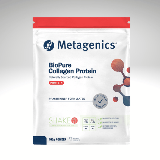Metagenics BioPure Collagen Protein 400g package, collagen peptides powder for skin and joints support.