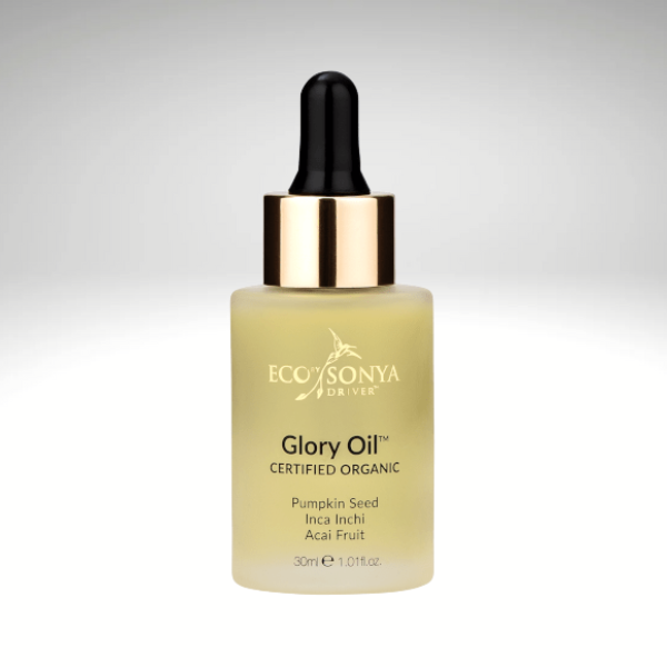 Certified organic Glory Oil by Eco Sonya in a 30ml bottle with dropper, featuring Pumpkin Seed, Inca Inchi, and Acai Fruit oils for radiant skin.