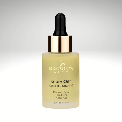 Certified organic Glory Oil by Eco Sonya in a 30ml bottle with dropper, featuring Pumpkin Seed, Inca Inchi, and Acai Fruit oils for radiant skin.