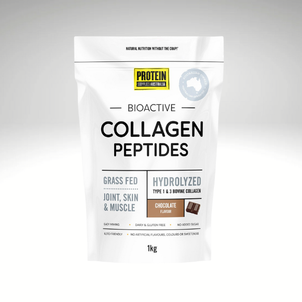 Bioactive collagen peptides, 1kg bag by Protein Supplies Australia, grass-fed, hydrolyzed, supports joint, skin, and muscle health.