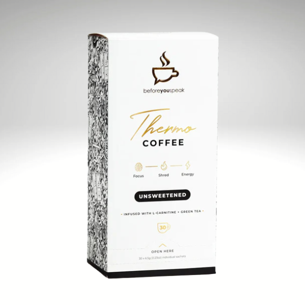 Before You Speak Thermo Coffee box, Unsweetened flavor, focus, shred, energy benefits.