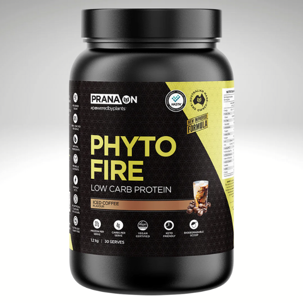 Prana On Phytofire Protein 1.2kg container, plant-based, metabolism support, keto-friendly, low carb, iced coffee flavor.