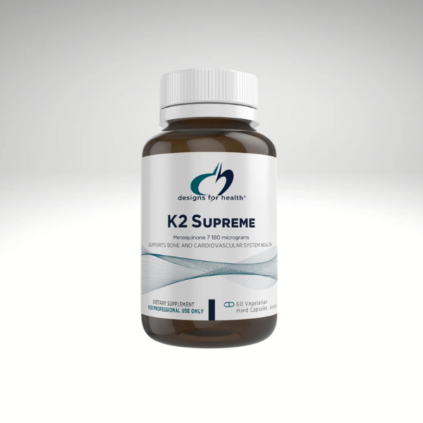 K2 Supreme by Designs for Health, vitamin K2 supplement bottle supporting bone and cardiovascular health.