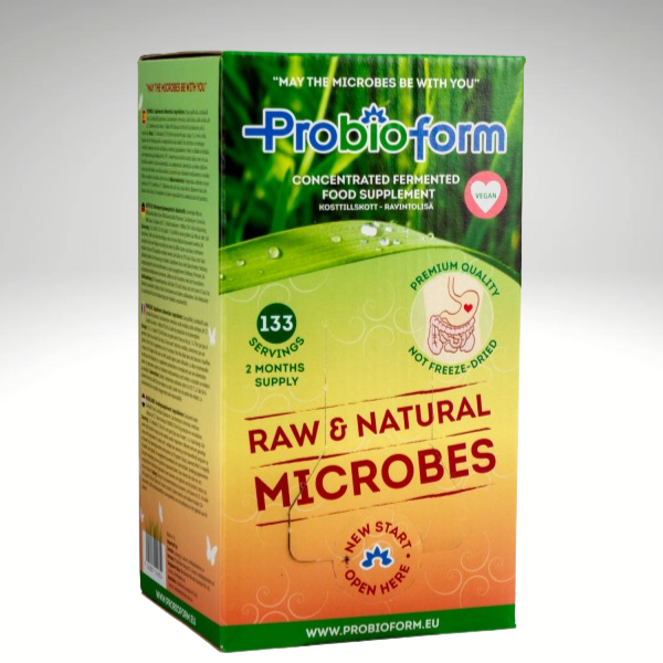 Liquid Probiotics by Probioform packaging displaying "Raw & Natural Microbes" and "Premium Quality" labels.