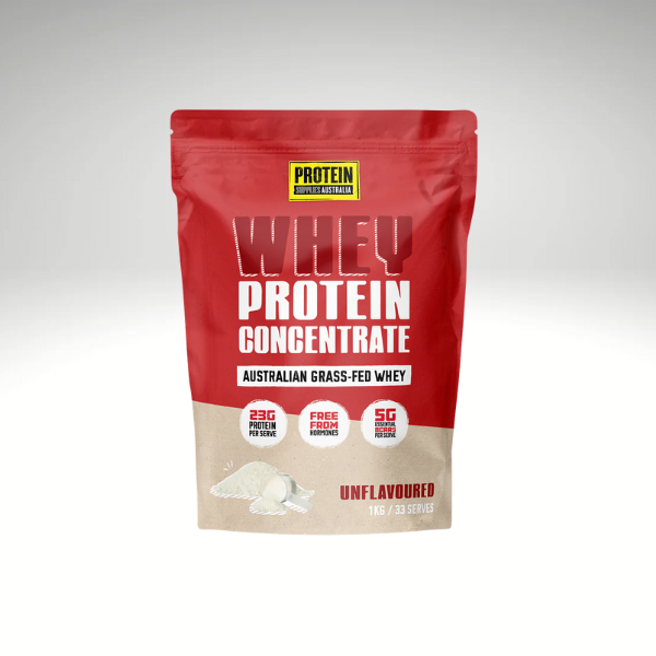 Grass-Fed Whey Protein Concentrate 1kg bag, unflavoured, from Protein Supplies Australia.
