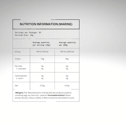"Nutrition information table for My Way Up® Perfectly Pure Marine Collagen, detailing serving size, energy, protein, and allergen info."