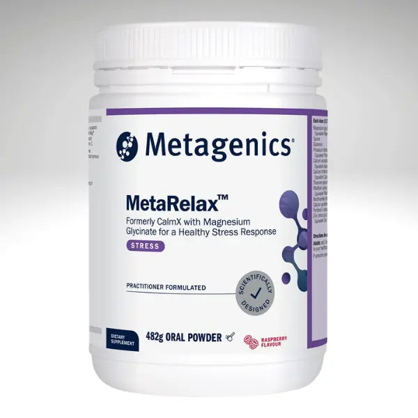Metagenics MetaRelax dietary supplement bottle for stress support, magnesium glycinate formula.