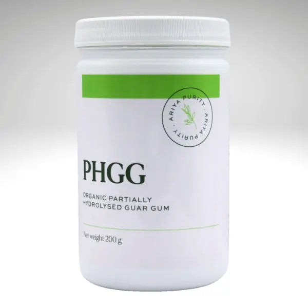 Organic Partially Hydrolysed Guar Gum PHGG by Ariya Purity in a white 200g container.
