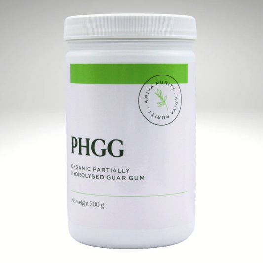 Organic Partially Hydrolysed Guar Gum PHGG by Ariya Purity in a white 200g container.