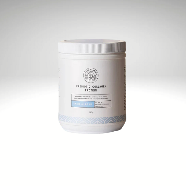 Prebiotic Collagen Protein Vanilla Bean 360g by Happy Mammoth in a white container.