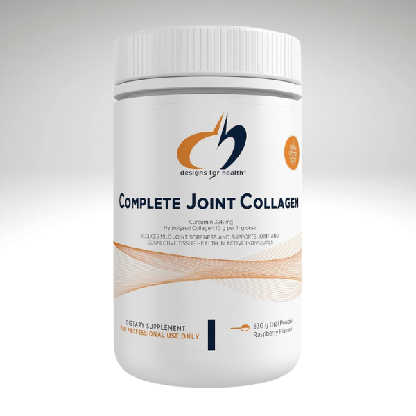 Complete Joint Collagen 330g powder for joint and tendon support by Designs for Health, featuring collagen and curcumin blend.