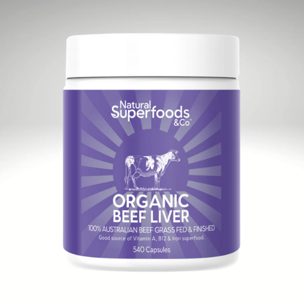 Organic beef liver capsules by Natural Superfoods & Co, 540-count, purple packaging.