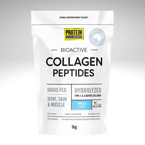 1kg bag of Protein Supplies Australia Bioactive Collagen Peptides, featuring grass-fed, hydrolysed Type I & III collagen for joint, skin, and muscle support.
