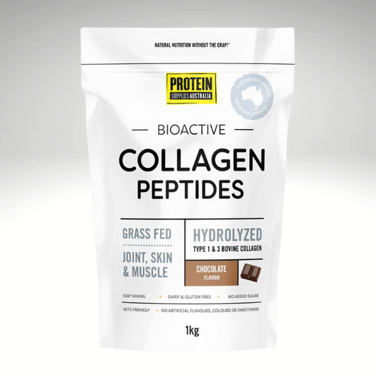 Bioactive Collagen Peptides 1kg by Protein Supplies Australia - hydrolyzed, grass-fed, for joint, skin, muscle support, chocolate flavor.