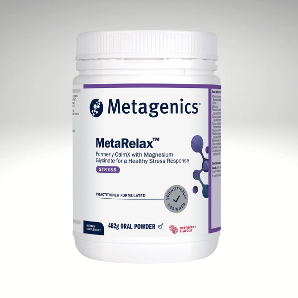 Metagenics MetaRelax Powder supplement container, designed to support stress response with magnesium glycinate, displayed against a white background.