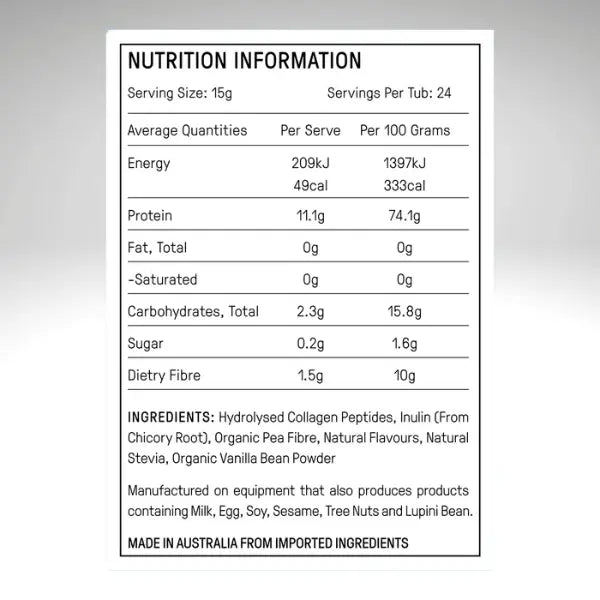 Prebiotic Collagen Protein 360g Vanilla Bean by Happy Mammoth nutrition information label displaying energy, protein, fat, carbohydrates, sugar, and dietary fiber per serving.