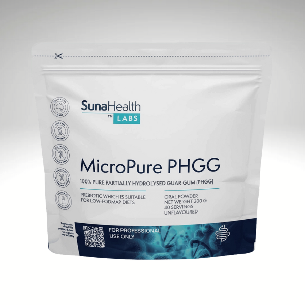 MicroPure PHGG by SunaHealth Labs 200g, unflavoured fibre supplement, low-FODMAP, vegan-friendly, resealable pouch.
