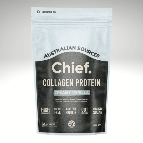 Chief Nutrition Collagen Protein, 450g pack, Creamy Vanilla flavor, featuring Australian grass-fed bovine collagen, gluten-free, no added sugar, recyclable packaging.