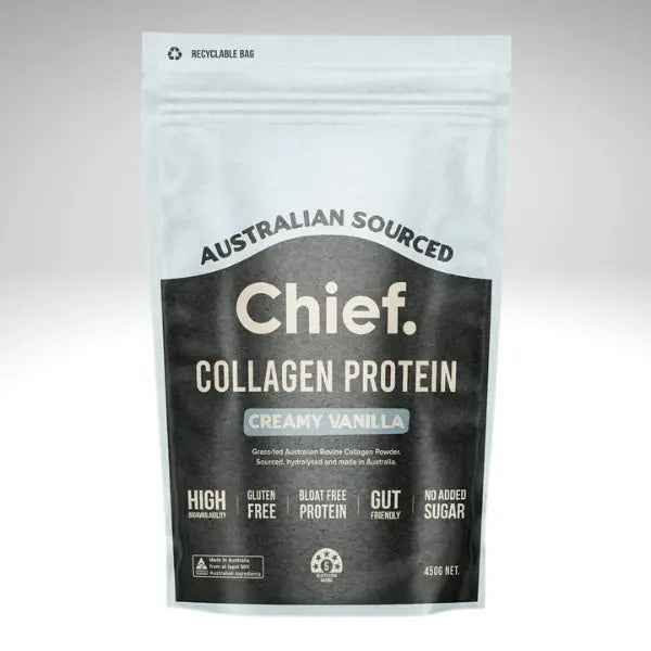 Collagen protein powder from Chief Nutrition, Australian sourced, creamy vanilla flavor, gluten free, with no added sugar.