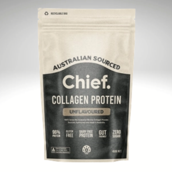Chief Nutrition Collagen Protein, Australian-sourced, unflavoured, gluten-free, zero sugar, recyclable packaging.