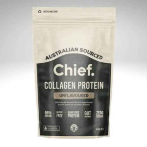 Collagen Protein Powder by Chief Nutrition in resealable bag, Australian sourced, unflavoured, 95% protein.